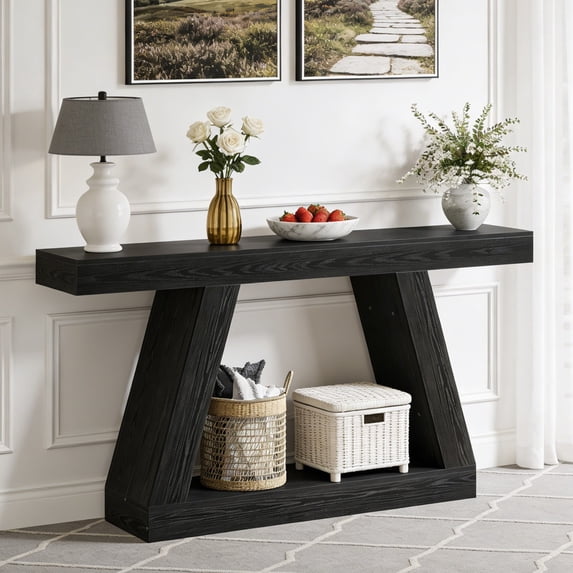 Fnova 55" Farmhouse Console Table, 2-Tier Storage Sofa Table, Long Wood Entryway Table for Hallway, Living Room, Easy Assembly