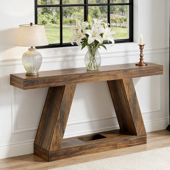 Fnova 55" Farmhouse Console Table, 2-Tier Storage Sofa Table, Long Wood Entryway Table for Hallway, Living Room, Easy Assembly