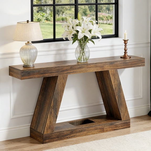 Fnova 55" Farmhouse Console Table, 2-Tier Storage Sofa Table, Long Wood Entryway Table for Hallway, Living Room, Easy Assembly