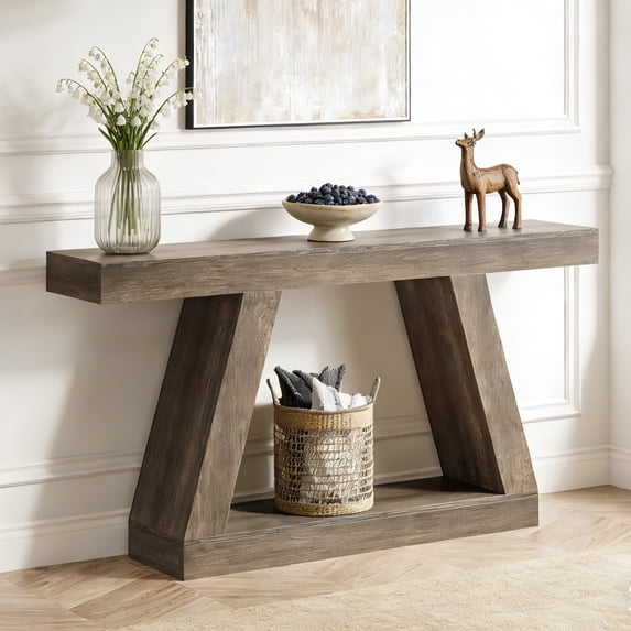 Fnova 55" Farmhouse Console Table, 2-Tier Storage Sofa Table, Long Wood Entryway Table for Hallway, Living Room, Easy Assembly