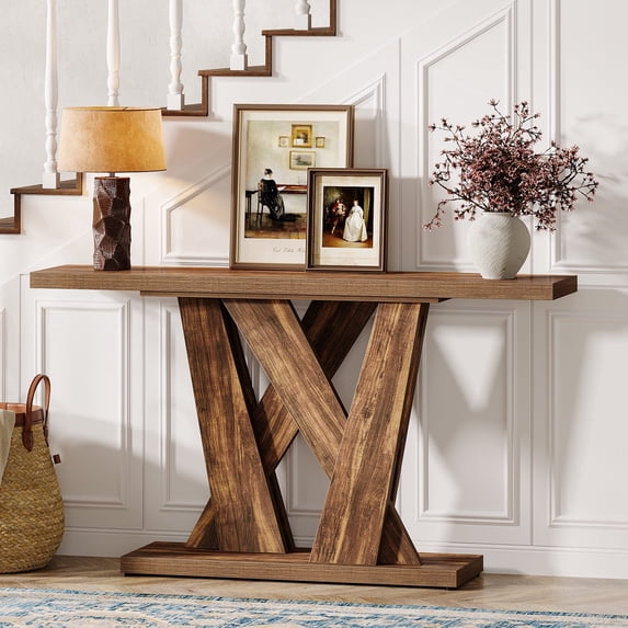 Fnova 55" Farmhouse Console Table, Skinny Wood Sofa Table with X-Shaped Base, for Entryway, Living Room, Hallway & Behind Couch, Easy Assembly