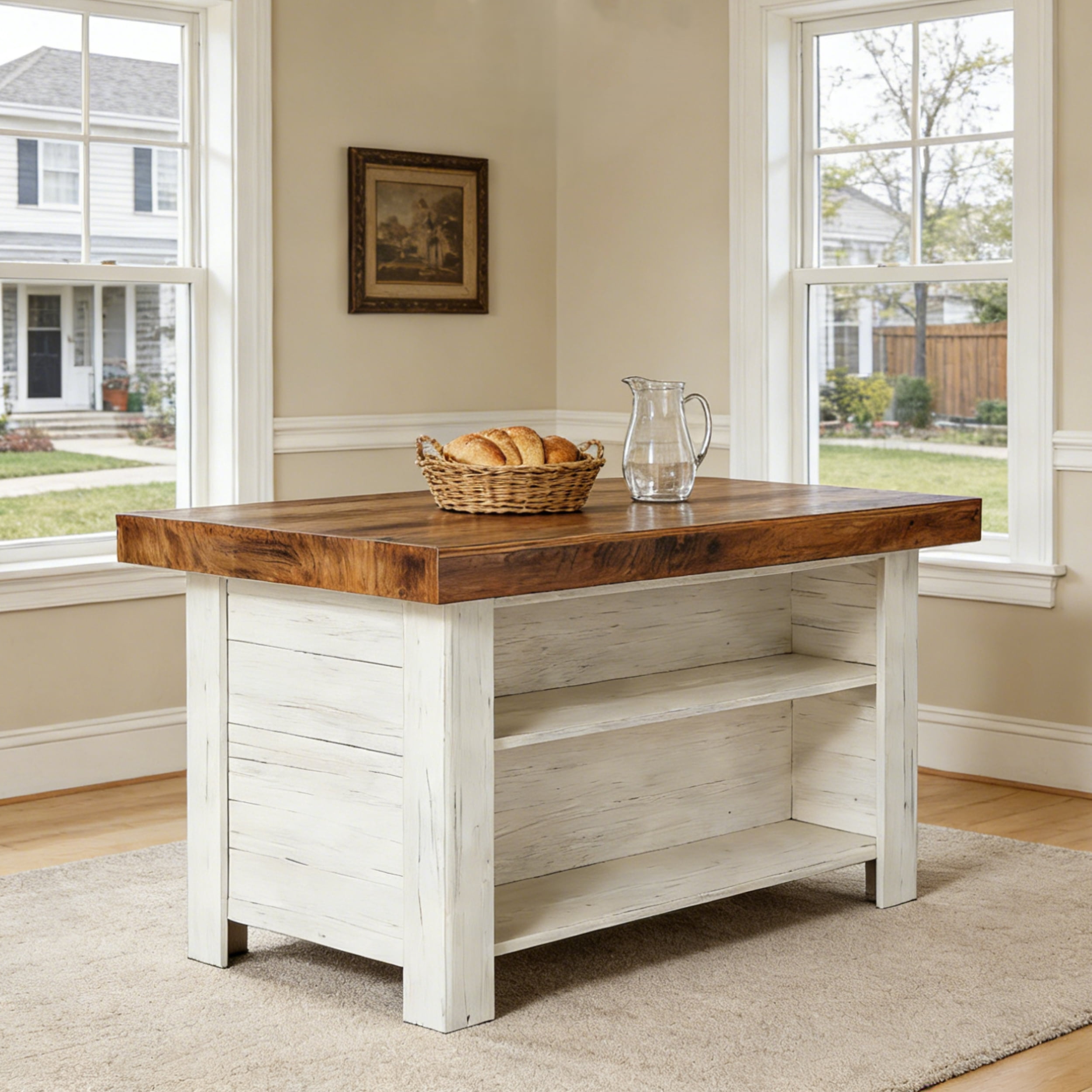 Fnova 55" Farmhouse Kitchen Island with Storage, Wooden Kitchen Table with 2-Tier Storage Shelves & Large Worktop, Modern Large Counter Height Table for Kitchen Prep & Dining