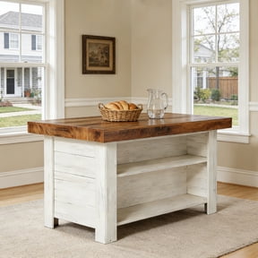 Fnova 55" Farmhouse Kitchen Island with Storage, Wooden Kitchen Table with 2-Tier Storage Shelves & Large Worktop, Modern Large Counter Height Table for Kitchen Prep & Dining