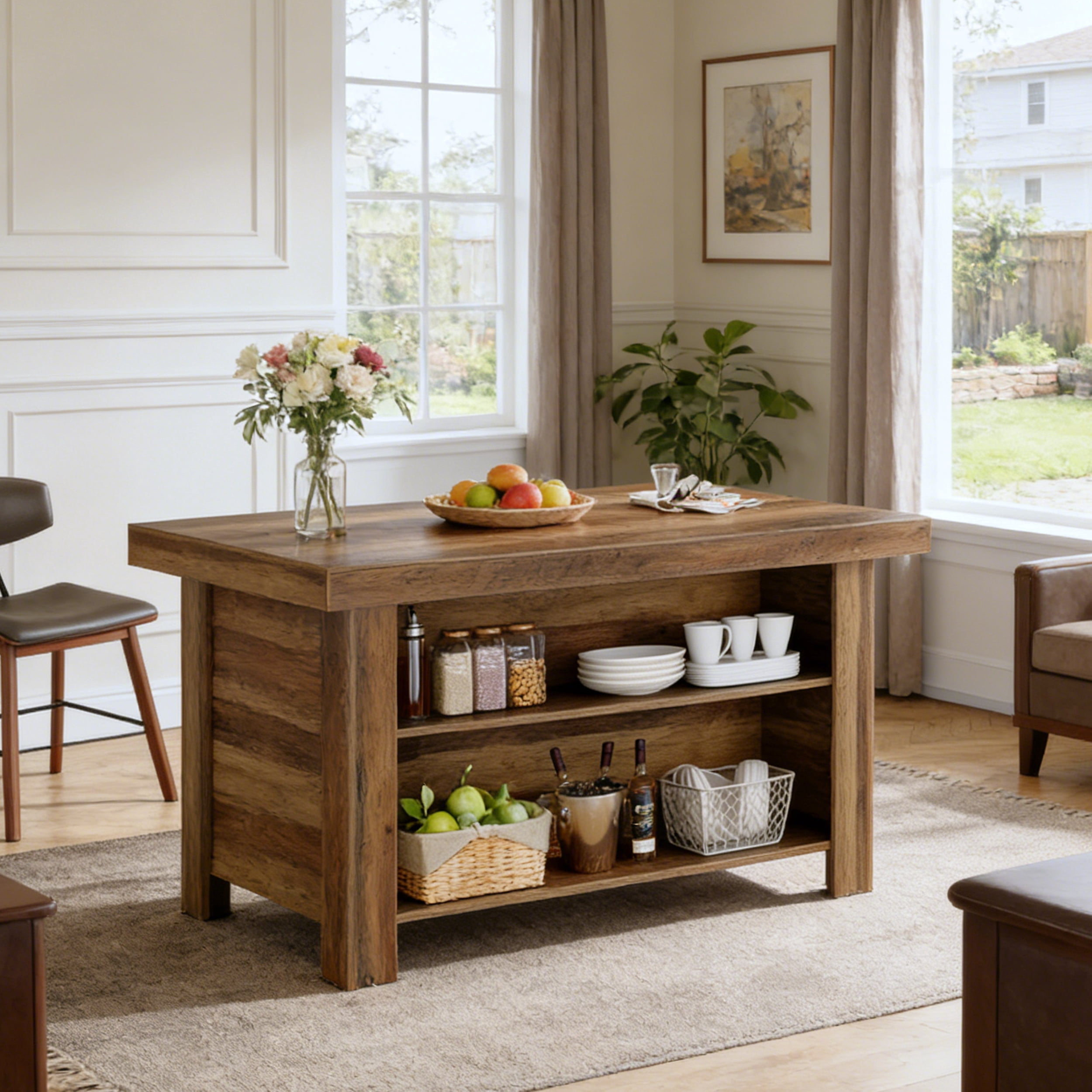 Fnova 55" Farmhouse Kitchen Island with Storage, Wooden Kitchen Table with 2-Tier Storage Shelves & Large Worktop, Modern Large Counter Height Table for Kitchen Prep & Dining