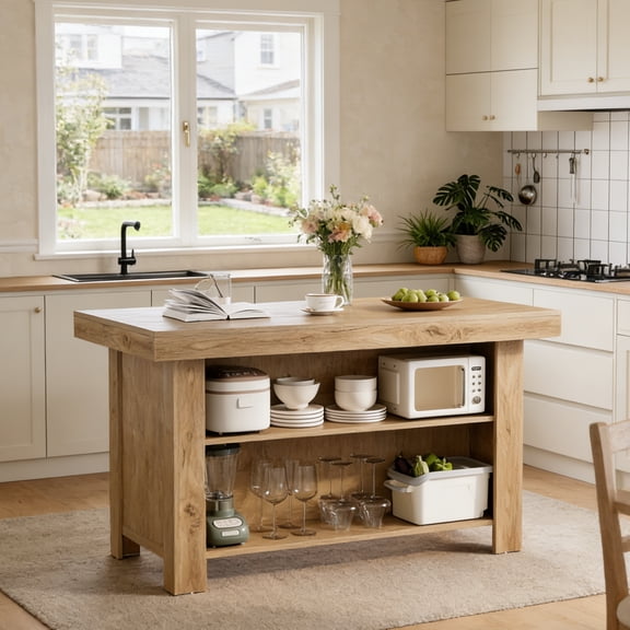 Fnova 55" Farmhouse Kitchen Island with Storage, Wooden Kitchen Table with 2-Tier Storage Shelves & Large Worktop, Modern Large Counter Height Table for Kitchen Prep & Dining