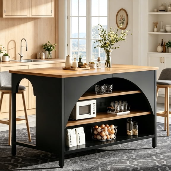 Fnova 55" Farmhouse Kitchen Island with Open Storage Shelves, Large Coffee Bar Table with Adjustable Feet for Kitchen & Dining Room