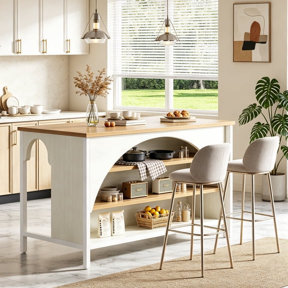 Fnova 55" Farmhouse Kitchen Island with Open Storage Shelves, Large Coffee Bar Table with Adjustable Feet for Kitchen & Dining Room