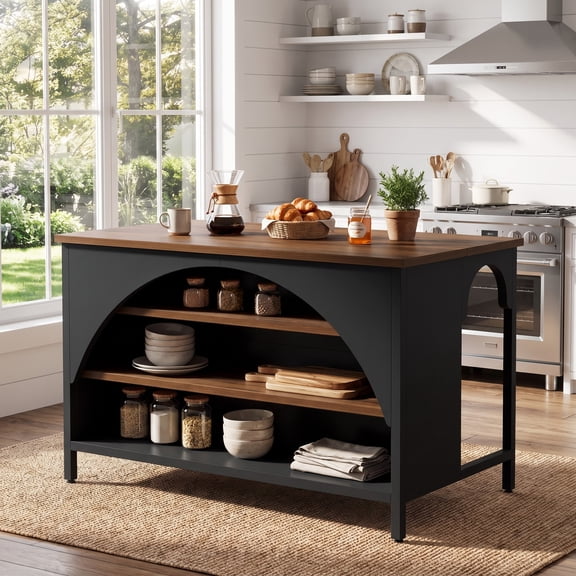 Fnova 55" Farmhouse Kitchen Island with Open Storage Shelves, Large Coffee Bar Table with Adjustable Feet for Kitchen & Dining Room