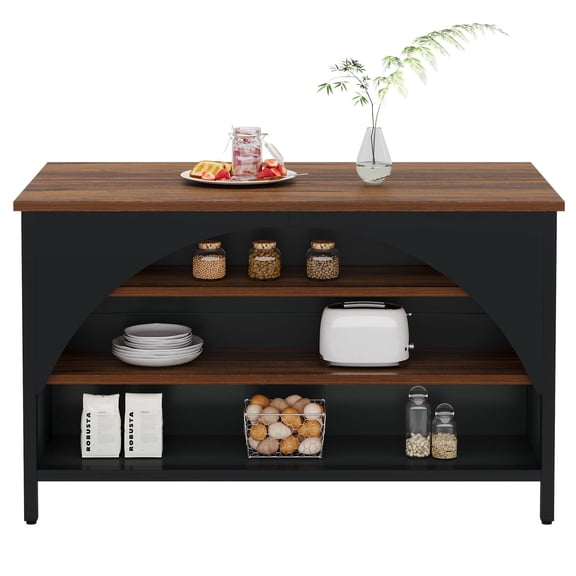 Fnova 55" Farmhouse Kitchen Island with Open Storage Shelves, Large Coffee Bar Table with Adjustable Feet for Kitchen & Dining Room