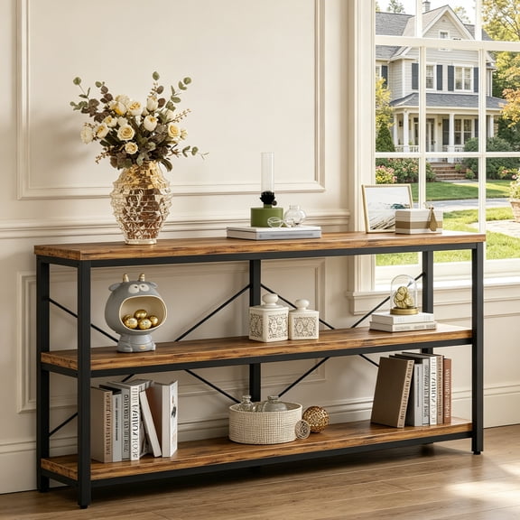 Fnova 55" Industrial Console Table, 3-Tier Sofa Table with Open Storage Shelves, Rustic Entryway Table for Living Room, Hallway, Foyer