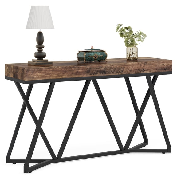 Fnova 55" Industrial Console Table, Farmhouse Wooden Sofa Table, Entryway Table with Metal Base, Behind The Couch Table, Foyer Table, Accent Table for Hallway, Living Room, Entranc