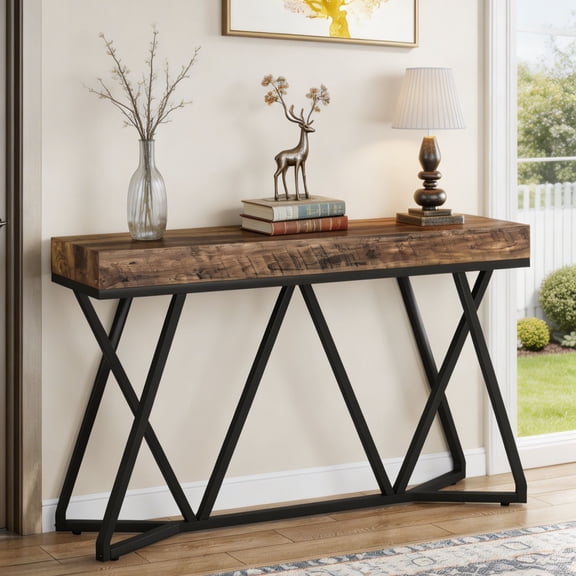 Fnova 55" Industrial Console Table, Farmhouse Wooden Sofa Table, Entryway Table with Metal Base, Behind The Couch Table, Foyer Table, Accent Table for Hallway, Living Room, Entranc
