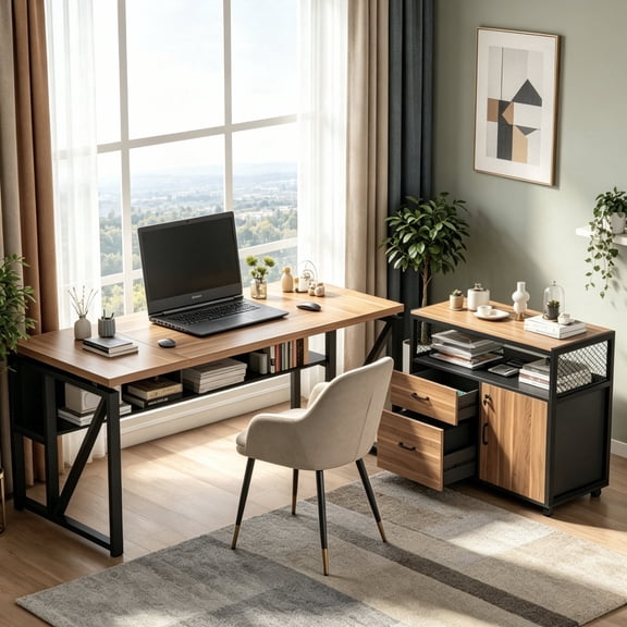 Fnova 55" Industrial Desk, 2-Piece Executive Desk Computer Desk Writing Desk with Rolling Filing Cabinet Set with Lockable Storage, Drawers for Home Office