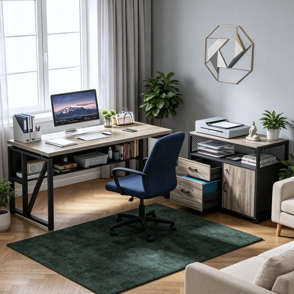 Fnova 55" Industrial Desk, 2-Piece Executive Desk Computer Desk Writing Desk with Rolling Filing Cabinet Set with Lockable Storage, Drawers for Home Office
