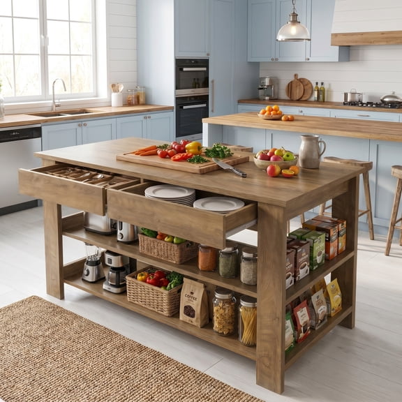 Fnova 55" Kitchen Island with 2 Drawers, Farmhouse 3-Tier Breakfast Station Island Table with Seating, Counter Height Bar Table with Shelves for Dining Room, Brown