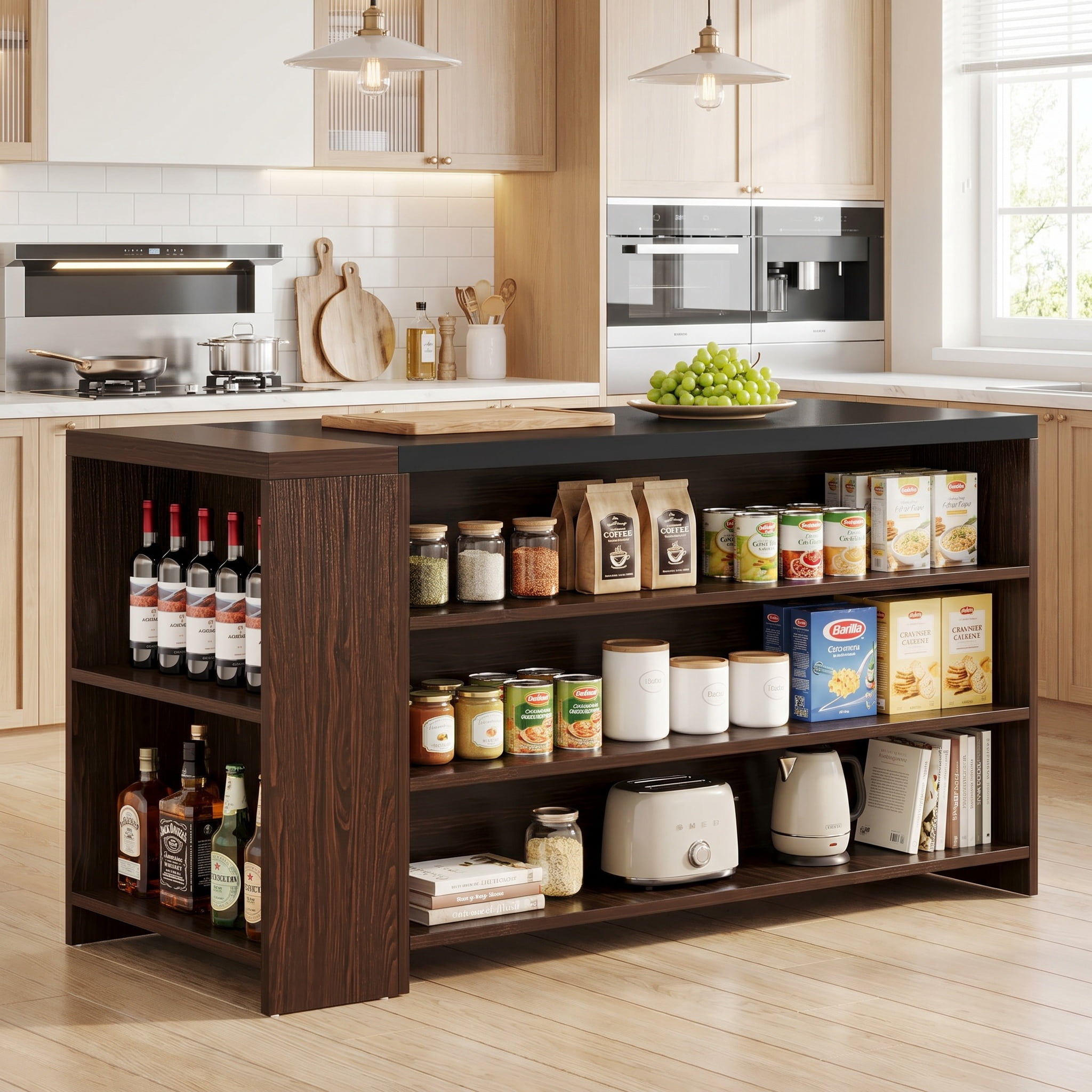 Fnova 55" Kitchen Island with 5 Shelves, Farmhouse Stationary Island Table, Large Stationary Storage Cabinet for Kitchen Dining Room, Dark Brown