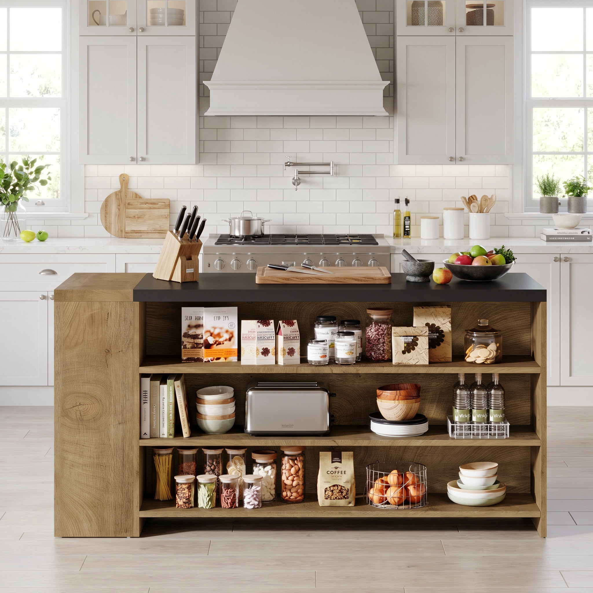 Fnova 55" Kitchen Island with 5 Shelves, Farmhouse Stationary Island Table, Large Stationary Storage Cabinet for Kitchen Dining Room, Vintage Brown