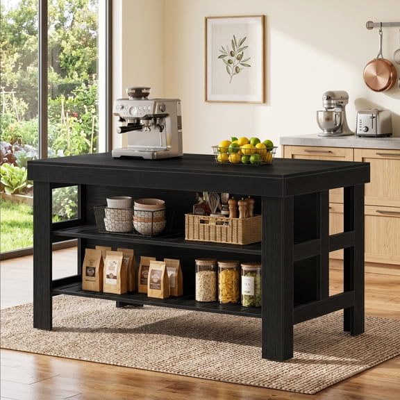 Fnova 55" Kitchen Island with Storage, Farmhouse Wood Kitchen Storage Cabinet, Large Stationary Island Table for Kitchen Dining Room, Black