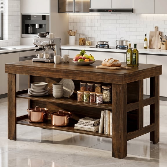 Fnova 55" Kitchen Island with Storage, Farmhouse Wood Kitchen Storage Cabinet, Large Stationary Island Table for Kitchen Dining Room, Rustic Brown