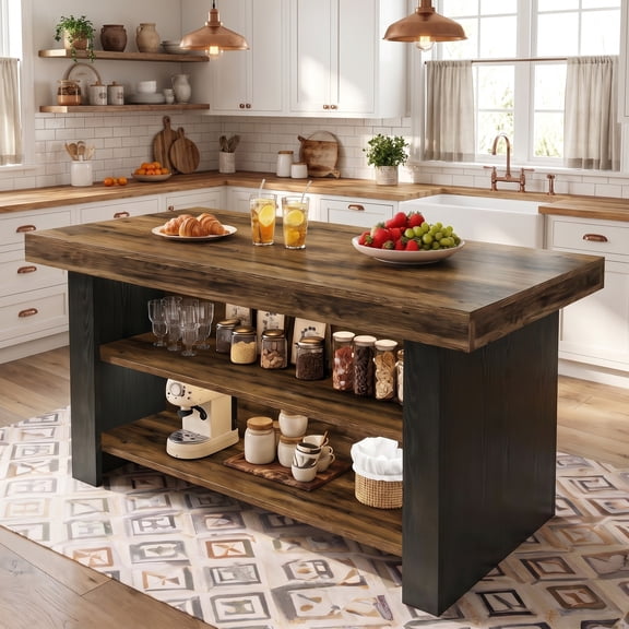 Fnova 55" Large Kitchen Island with Storage, 3-Tier Farmhouse Wood Top Storage Island Table for Kitchen, Brown & Black
