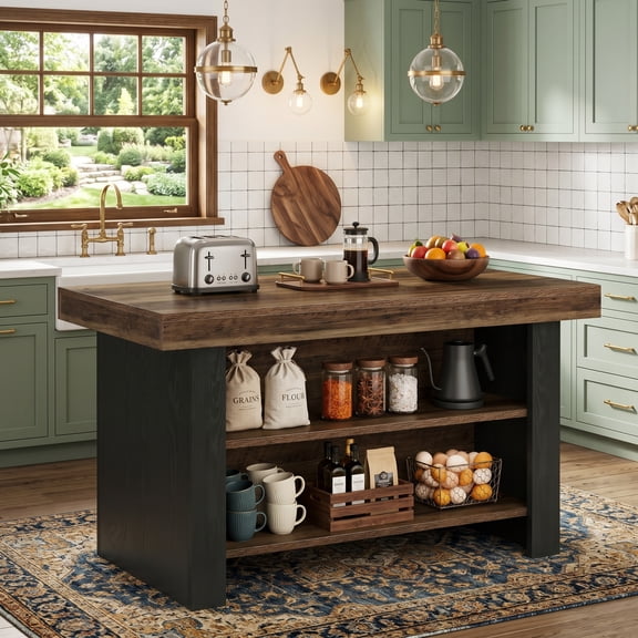 Fnova 55" Large Kitchen Island with Storage, 3-Tier Farmhouse Wood Top Storage Island Table for Kitchen, Brown & Black