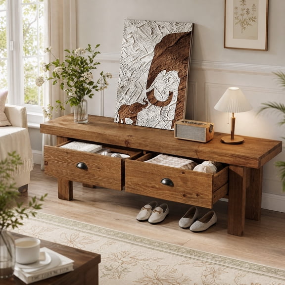 Fnova 55" Long Bench End of Bed with 2 Drawers, Solid Wood Entryway Bench for Hallway, Mudroom, Bedroom, Brown