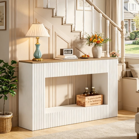 Fnova 55" Modern Console Table with 2-Tier Storage, Farmhouse Wood Entryway Table, Narrow Sofa Table for Living Room, Hallway, Behind Couch