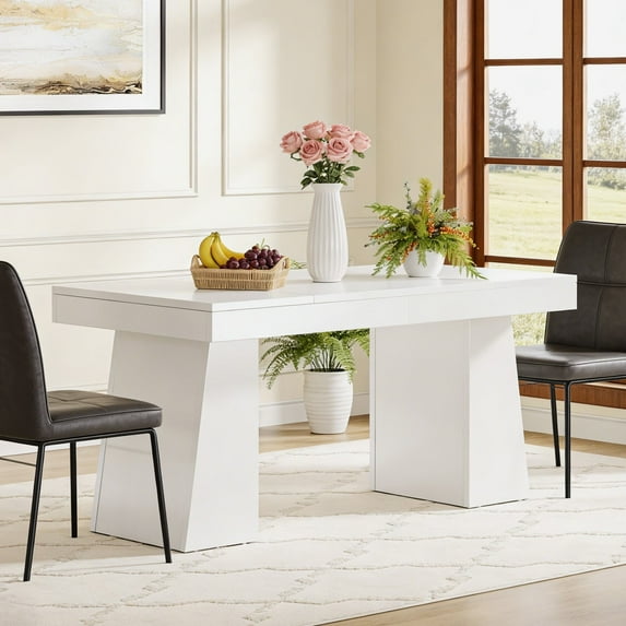 Fnova 55" Modern Dining Table, Mid-Century Wood Rectangular Writing Desk, Computer desk with Double Trapezoid Base, Seats 4-6 - Perfect for Home Office, Dining Room, Kitchen & Living Room