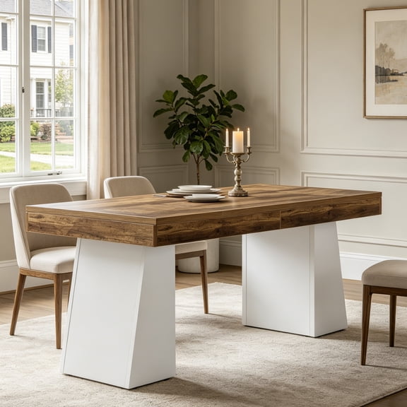 Fnova 55" Modern Dining Table, Mid-Century Wood Rectangular Writing Desk, Computer desk with Double Trapezoid Base, Seats 4-6 - Perfect for Home Office, Dining Room, Kitchen & Living Room