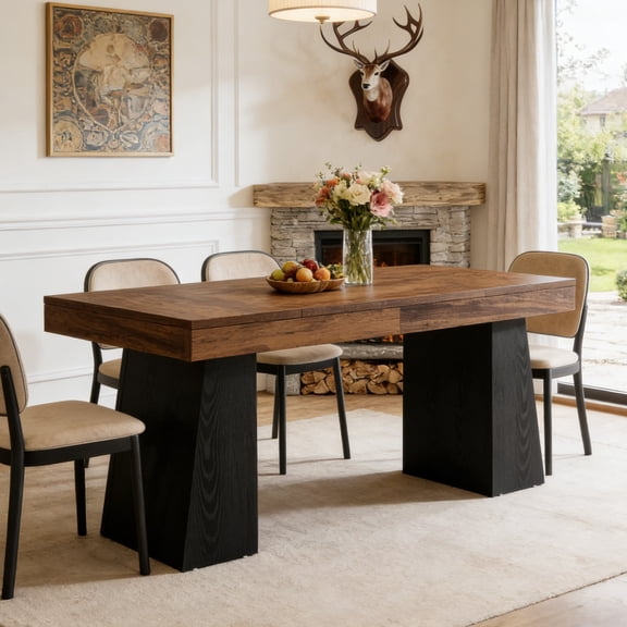 Fnova 55" Modern Dining Table, Mid-Century Wood Rectangular Writing Desk, Computer desk with Double Trapezoid Base, Seats 4-6 - Perfect for Home Office, Dining Room, Kitchen & Living Room