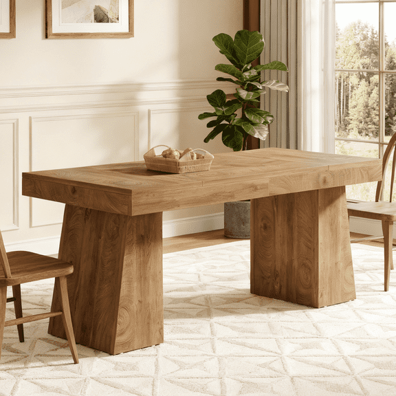 Fnova 55" Modern Dining Table, Mid-Century Wood Rectangular Writing Desk, Computer desk with Double Trapezoid Base, Seats 4-6 - Perfect for Home Office, Dining Room, Kitchen & Living Room