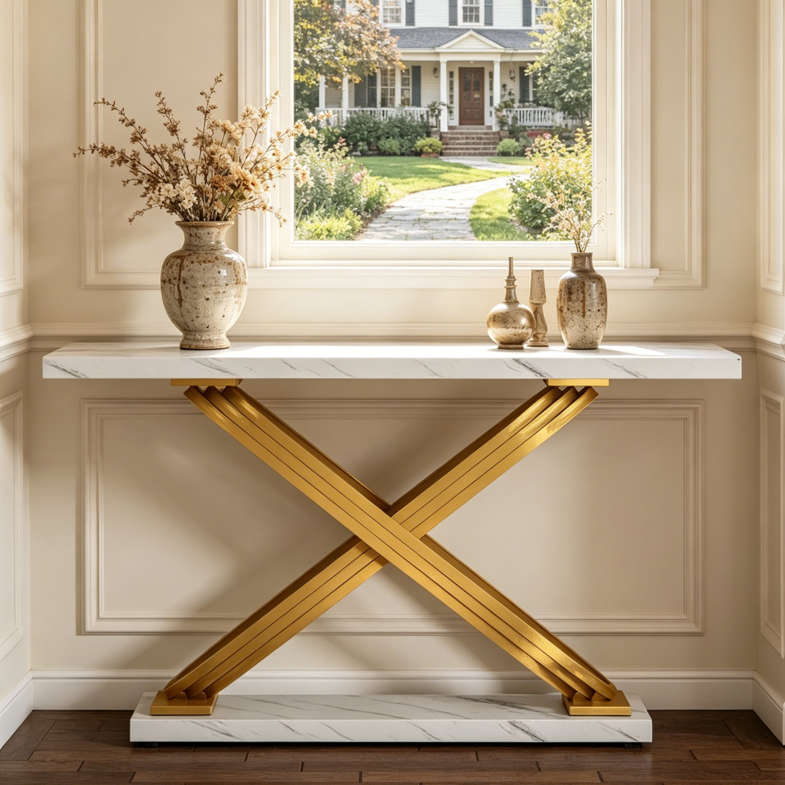 Fnova 55" Modern Luxury Console Table, Gold & White Faux Marble Entryway Table, X-Shaped Frame Narrow Sofa Table for Living Room, Hallway