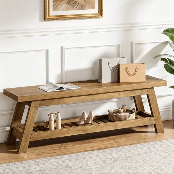 Fnova 55" Narrow 2-Tier Entryway Bench, Seating Bench with Shoe Storage Shelf, Large Wooden Shoe Rack Bench with Open Shelves for Entryway, Living Room, Bedroom, Foyer, Easy Assembly