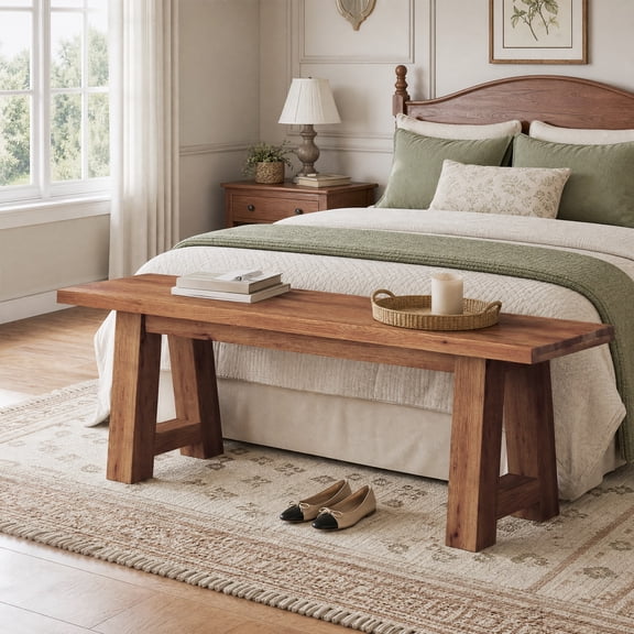 Fnova 55" Solid Wood Bench, Farmhouse Entryway Bench for Living Room, Dining Room, Brown