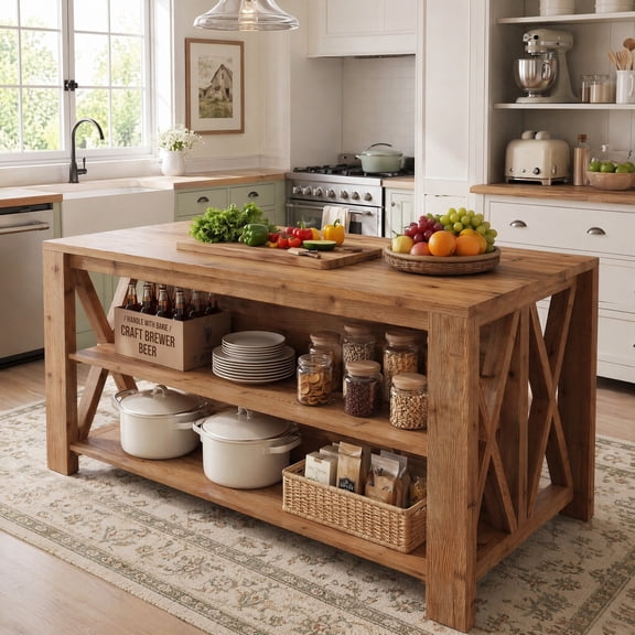 Fnova 55" Solid Wood Kitchen Island with Seating and Storage, Farmhouse Island Table with Large Worktop & X-Leg, Sturdy Stable, Brown