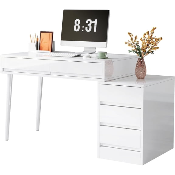 Fnova 55'' Vanity Desk, Makeup Table with 5 Drawers No Mirror, Reversible Drawer Cabinet & Printer Stand, Multifunctional Home Office Vanity for Bedroom, Home Office, Makeup Room & Workspace