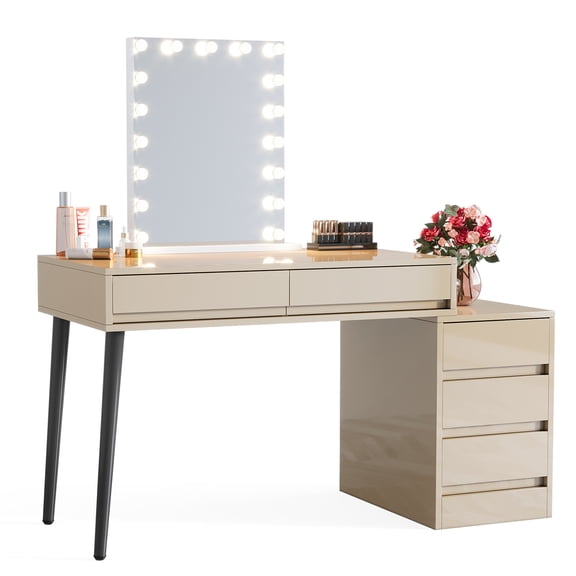 Fnova 55'' Vanity Desk, Makeup Table with 5 Drawers No Mirror, Reversible Drawer Cabinet & Printer Stand, Multifunctional Home Office Vanity for Bedroom, Home Office, Makeup Room & Workspace