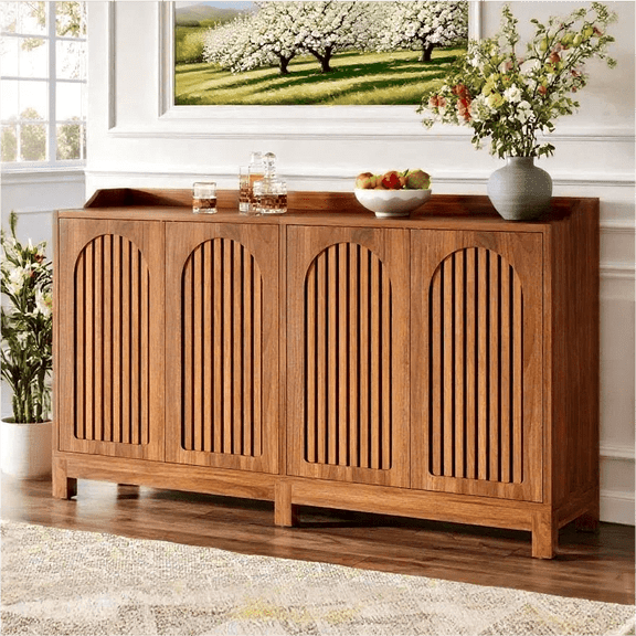 Fnova 57" Farmhouse Cabinet, Sideboard with Grille-Striped Doors & Raised Countertop, Adjustable Shelves, Inner Rebound Mechanism, for Kitchen/Living Room/Study/Home Office, Easy Assembly