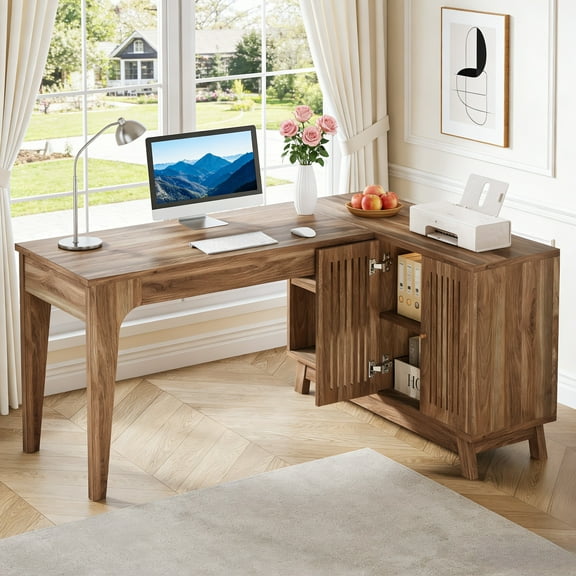 Fnova 57" L-Shaped Modern Desk, Writing Desk Computer Desk with 4 Drawers & Open Shelves, Lateral Storage Cabinet, for Home Office/Study