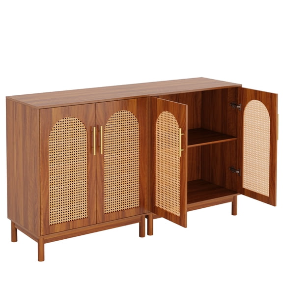 Fnova 59" Cabinet, Rattan Sideboard Buffet Storage Cabinet with 4 Doors & Adjustable Shelves, Farmhouse Kitchen Buffet Table, Accent Cabinet for Living Room, Dining Room, Entryway