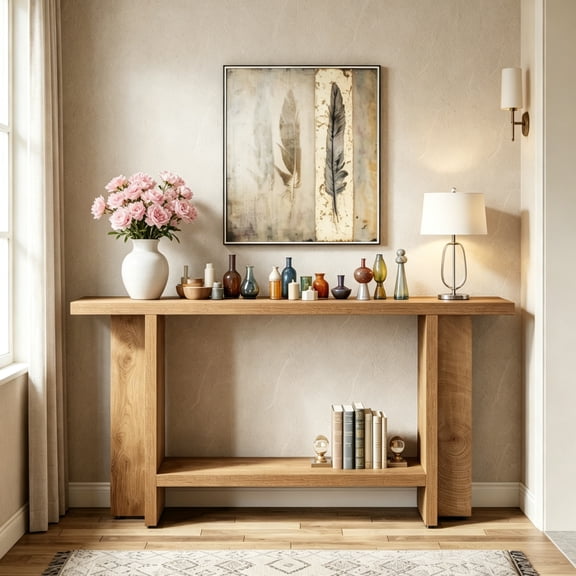 Fnova 59" Farmhouse Console Table, 2-Tier Narrow Entryway Table with T-Shaped Legs, Long Sofa Table for Living Room, Hallway, Foyer