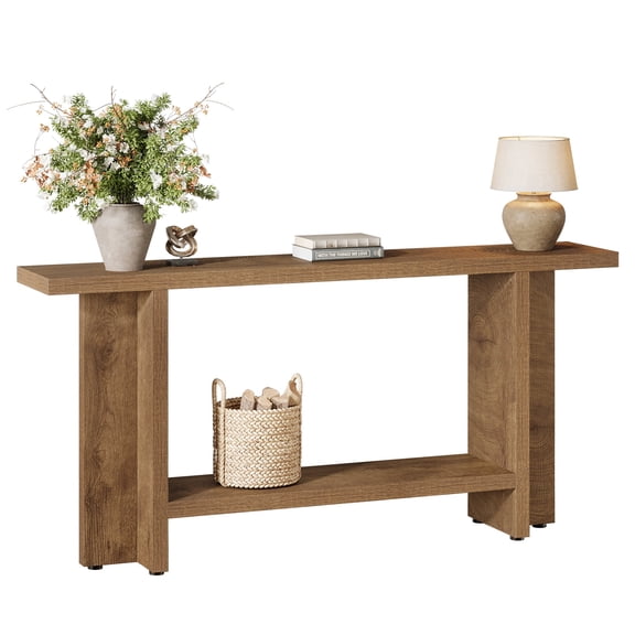 Fnova 59" Farmhouse Console Table, 2-Tier Narrow Entryway Table with T-Shaped Legs, Long Sofa Table for Living Room, Hallway, Foyer