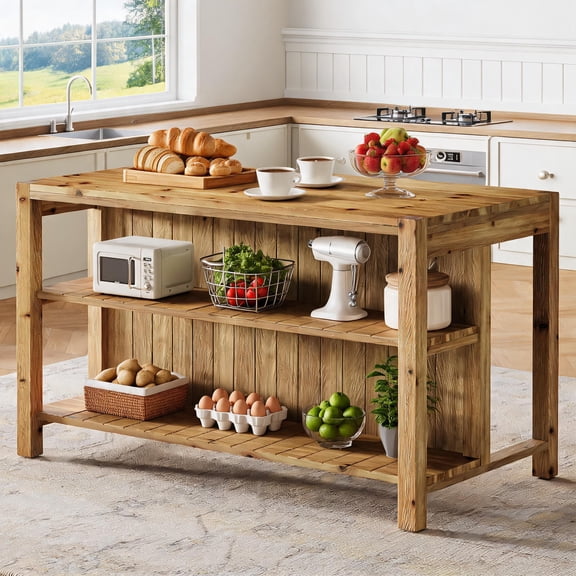 Fnova 59" Farmhouse Solid Wood Kitchen Island With 2 Storage Shelves, 3-Tier Dining Prep Table for Kitchen, Brown