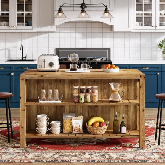 Fnova 59" Farmhouse Solid Wood Kitchen Island With 2 Storage Shelves, 3-Tier Dining Prep Table for Kitchen, Brown