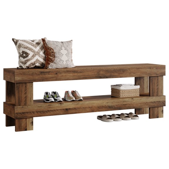 Fnova 59-Inch Farmhouse Entryway Bench, 2-Tier Storage Narrow Wooden Shoe Bench for Bedroom Hallway Living Room Dining Room