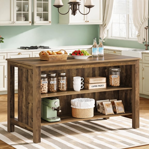 Fnova 59" Kitchen Island with Storage and Seating, 3-Tier Large Farmhouse Stationary Island Table, Counter Height Coffee Bar Table, Rustic Brown