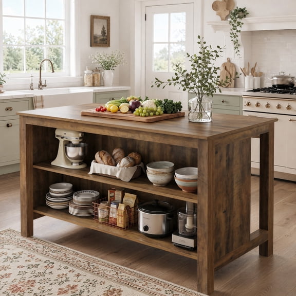 Fnova 59" Large Kitchen Island with Storage and Seating, 3-Tier Farmhouse Stationary Island Table, Counter Height Coffee Bar Table, Rustic Brown