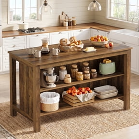Fnova 59" Large Kitchen Island with Storage and Seating, 3-Tier Farmhouse Stationary Island Table, Counter Height Coffee Bar Table, Rustic Brown