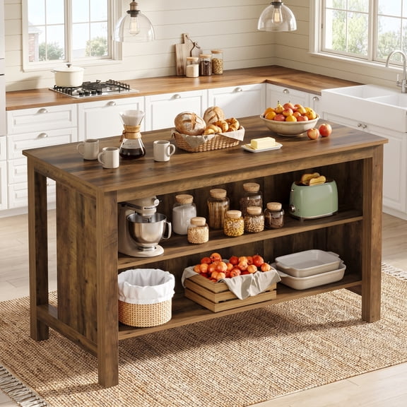 Fnova 59" Large Kitchen Island with Storage and Seating, 3-Tier Farmhouse Stationary Island Table, Counter Height Coffee Bar Table, Rustic Brown