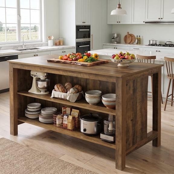 Fnova 59" Large Kitchen Island with Storage and Seating, 3-Tier Farmhouse Stationary Island Table, Counter Height Coffee Bar Table, Rustic Brown